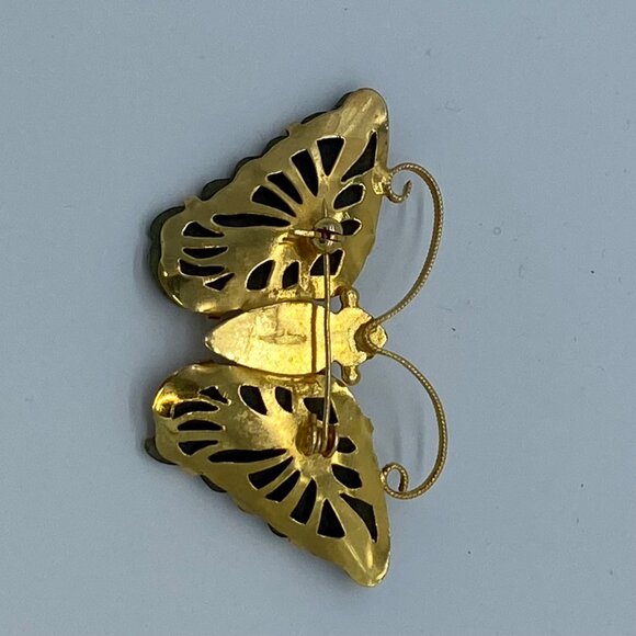 Vintage Gilded Goldtone Butterfly Brooch Pin with Carved Jade Green Wings Large - Picture 3 of 12